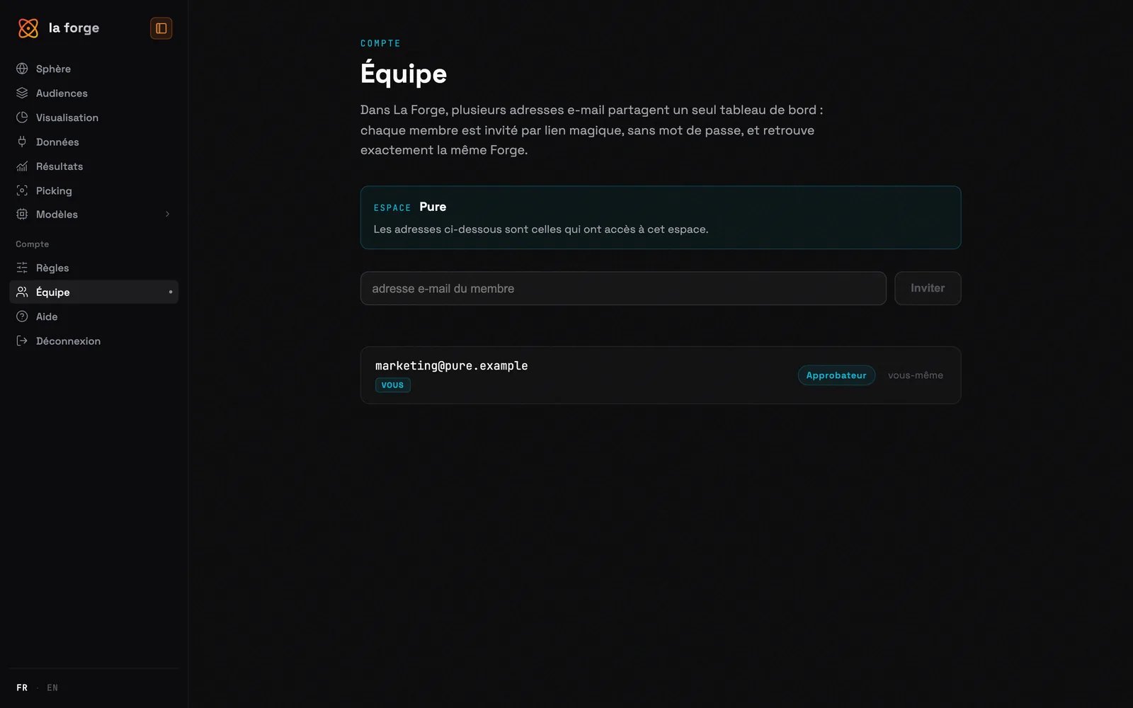 L'écran Équipe de La Forge : l'espace, le champ d'invitation et un membre