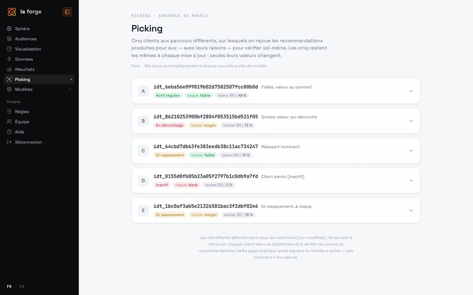 L'écran Picking de La Forge : cinq clients témoins, de A à E