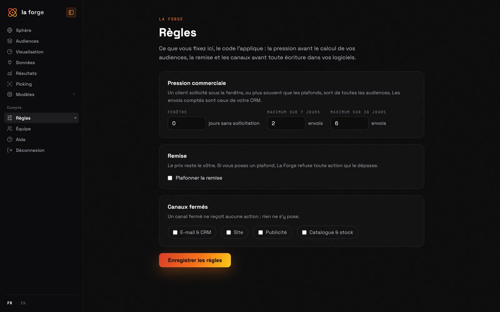 L'écran Règles de La Forge : pression commerciale, remise et canaux fermés