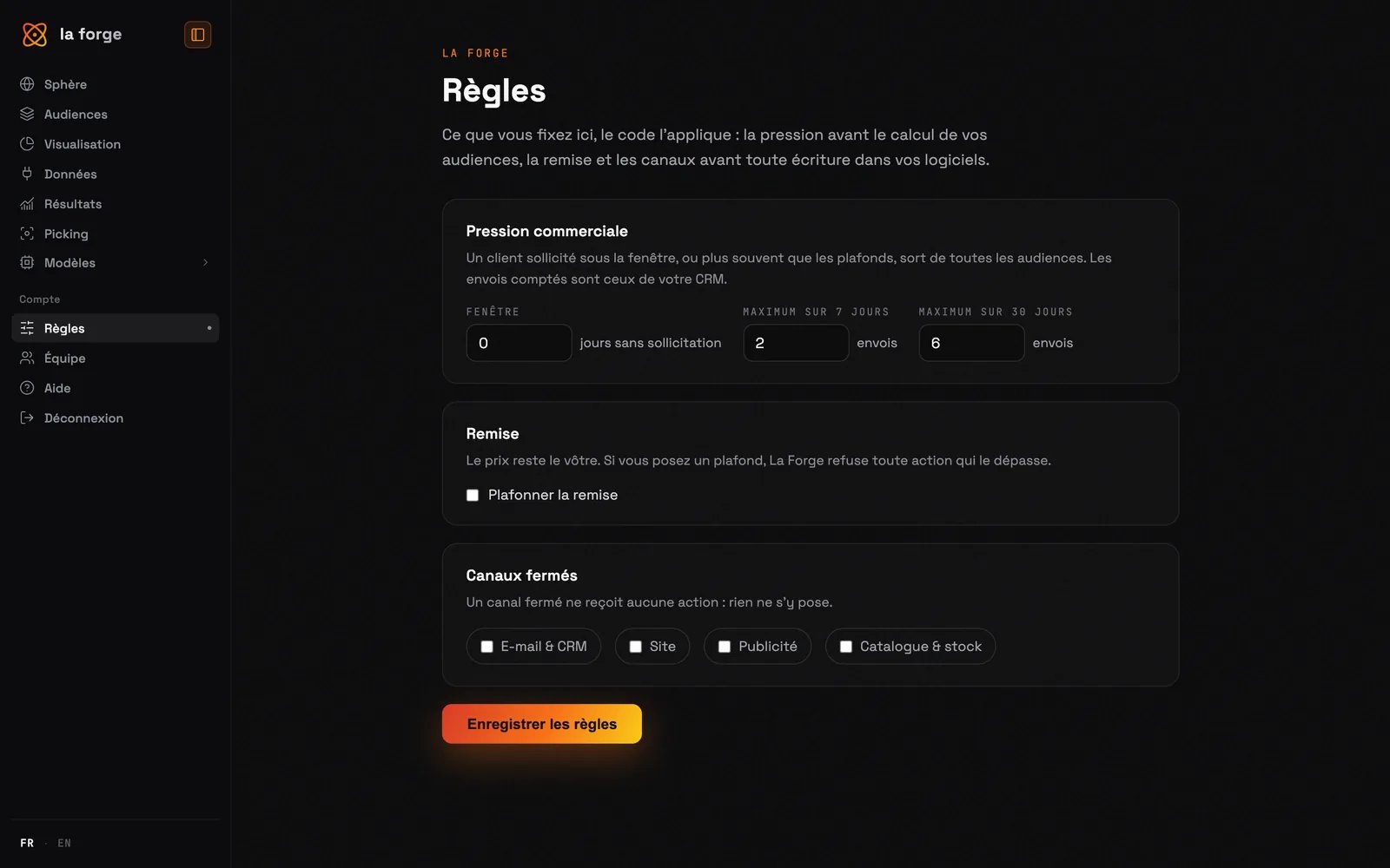 L'écran Règles de La Forge : pression commerciale, remise et canaux fermés
