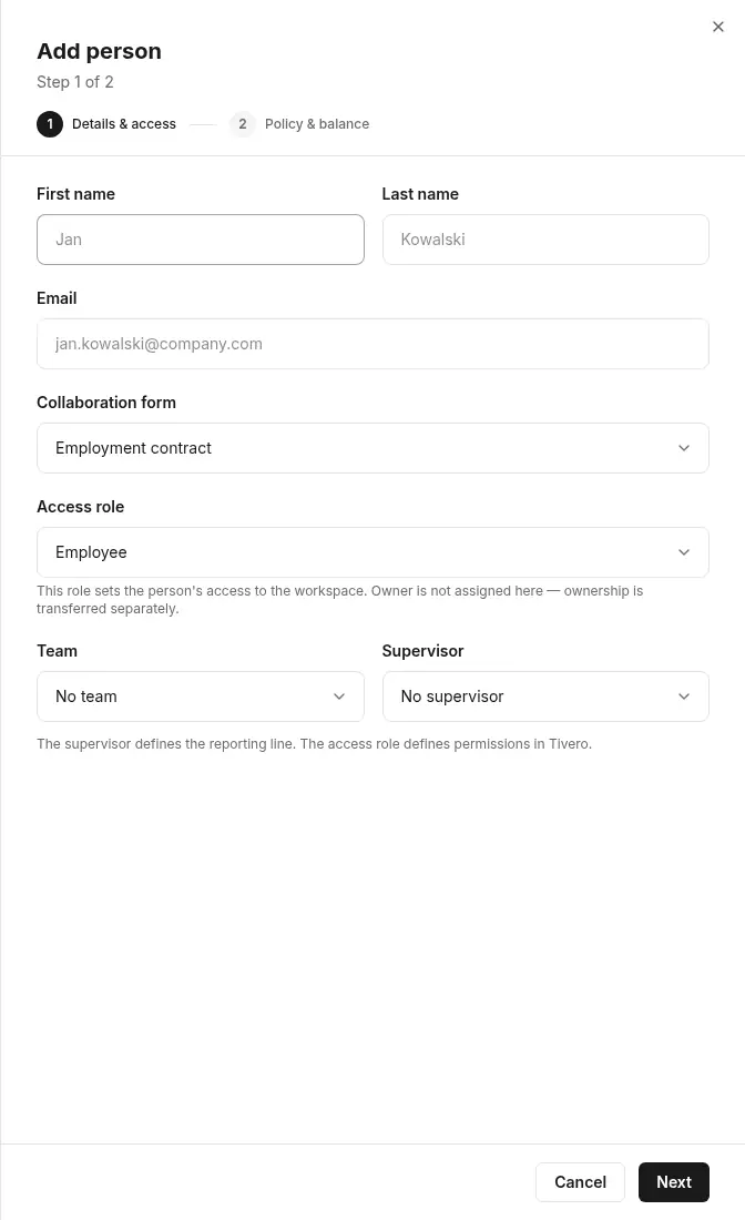 The Add person dialog, step 1 of 2 Details and access: First name, Last name, Email, Collaboration form, Access role, Team and Supervisor fields