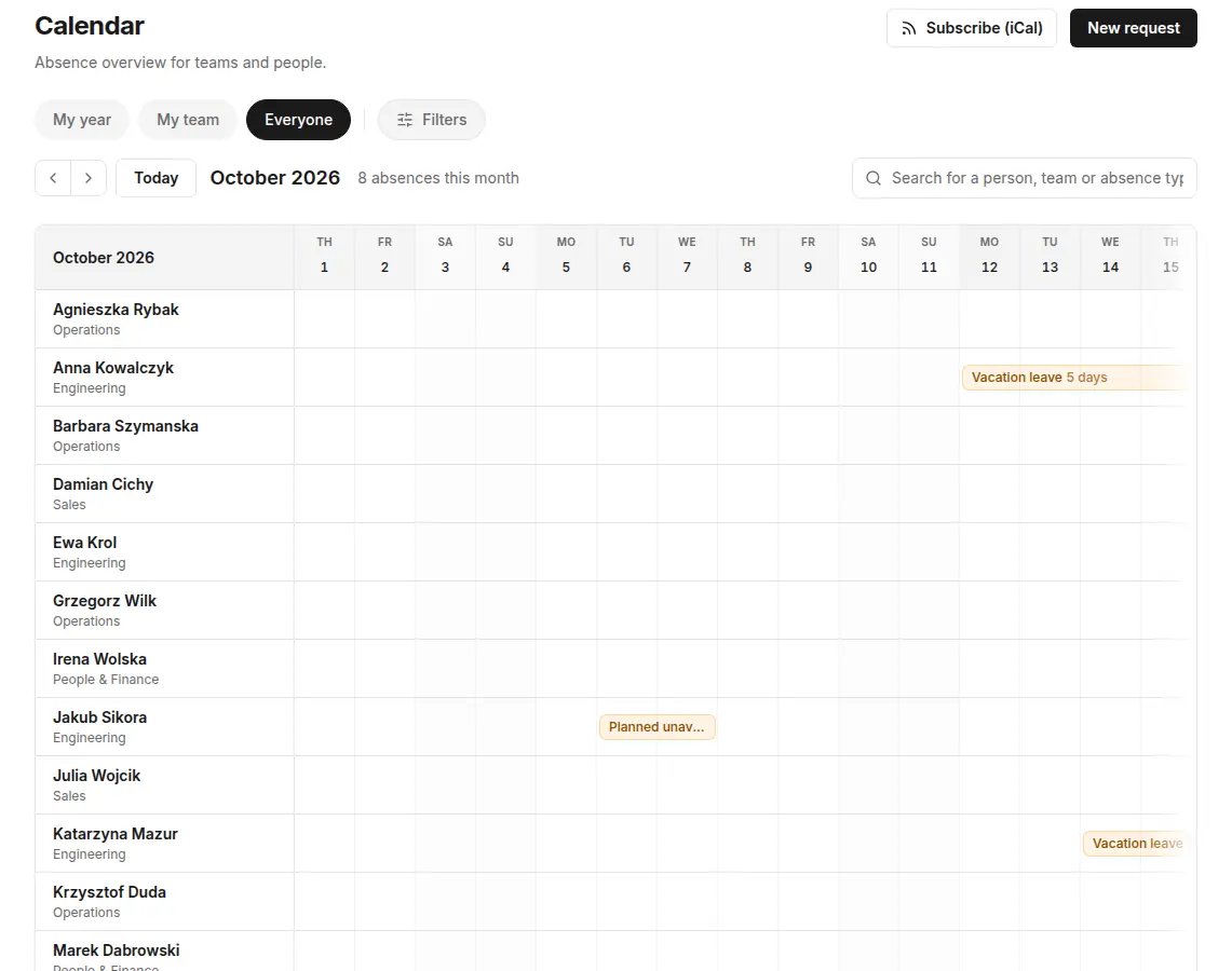The calendar in the Everyone view for October 2026: a list of people with their teams and absence bars, for example Vacation leave 5 days