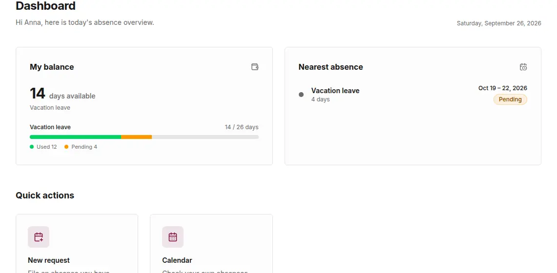 Employee dashboard: the My balance card with 14 days available, the Nearest absence card and Quick actions with a New request button