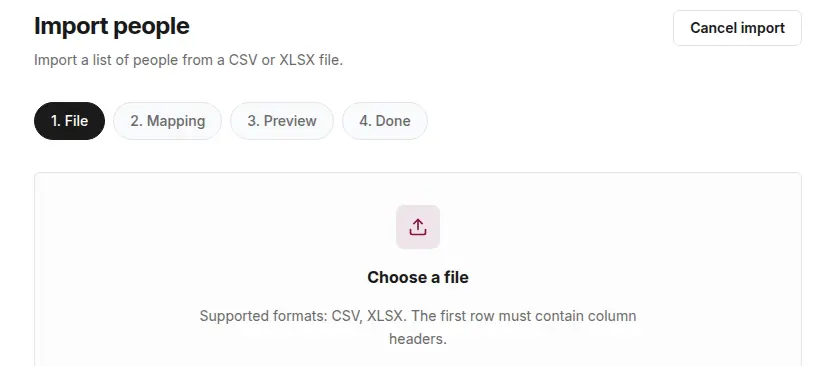 The Import people screen with the File, Mapping, Preview and Done steps and a Choose a file area for CSV and XLSX files