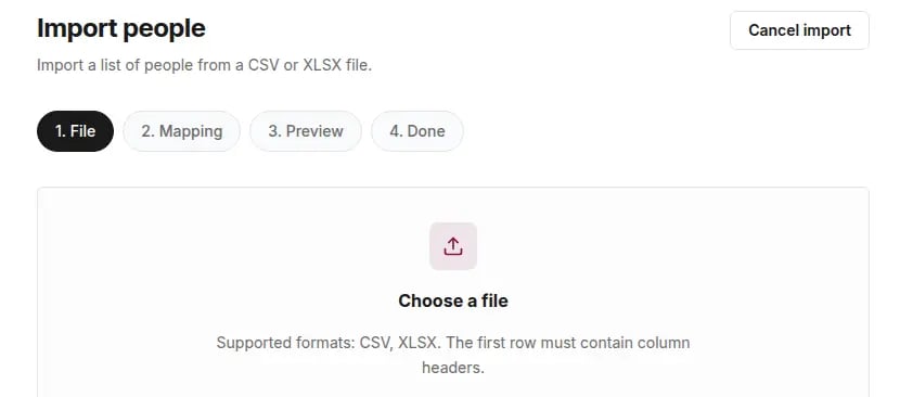 The Import people screen with the File, Mapping, Preview and Done steps and a Choose a file area for CSV and XLSX files
