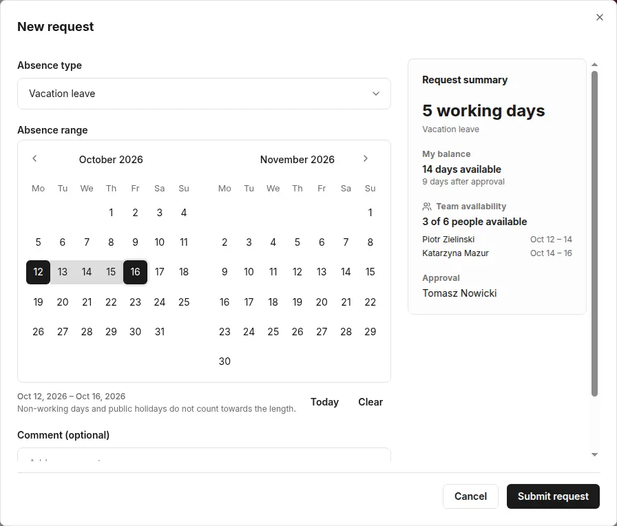 The New request dialog: Vacation leave selected, October 12–16 highlighted, and the Request summary with 5 working days, the balance before and after approval, team availability and the approver