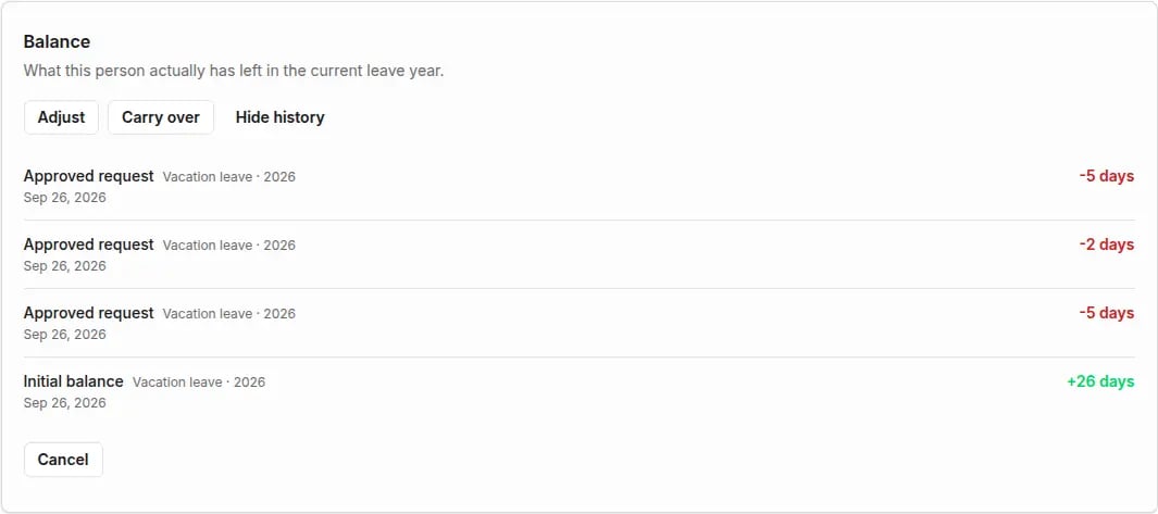 The Balance section on a person page with the Adjust and Carry over buttons and the history: an initial balance of +26 days and three approved requests