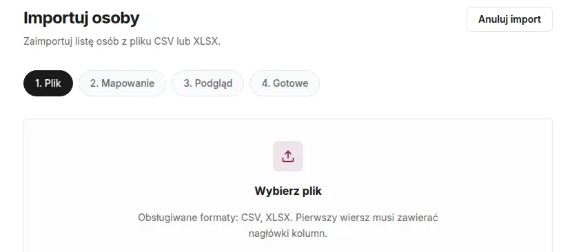 Ekran Importuj osoby z krokami Plik, Mapowanie, Podgląd i Gotowe oraz polem Wybierz plik dla plików CSV i XLSX