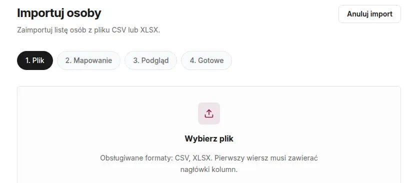 Ekran Importuj osoby z krokami Plik, Mapowanie, Podgląd i Gotowe oraz polem Wybierz plik dla plików CSV i XLSX
