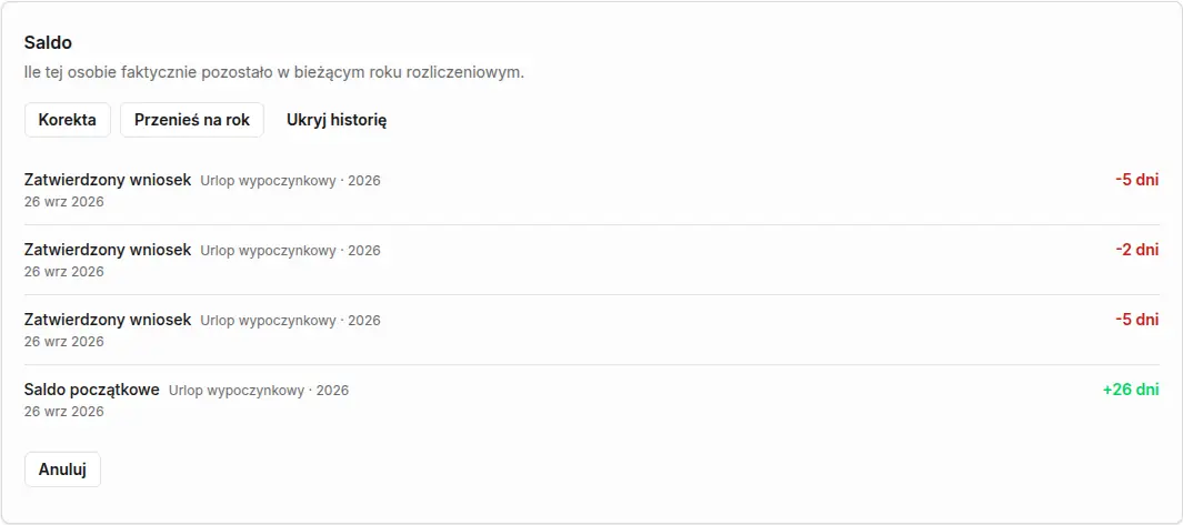 Sekcja Saldo na stronie osoby z przyciskami Korekta i Przenieś na rok oraz historią: saldo początkowe +26 dni i trzy zatwierdzone wnioski