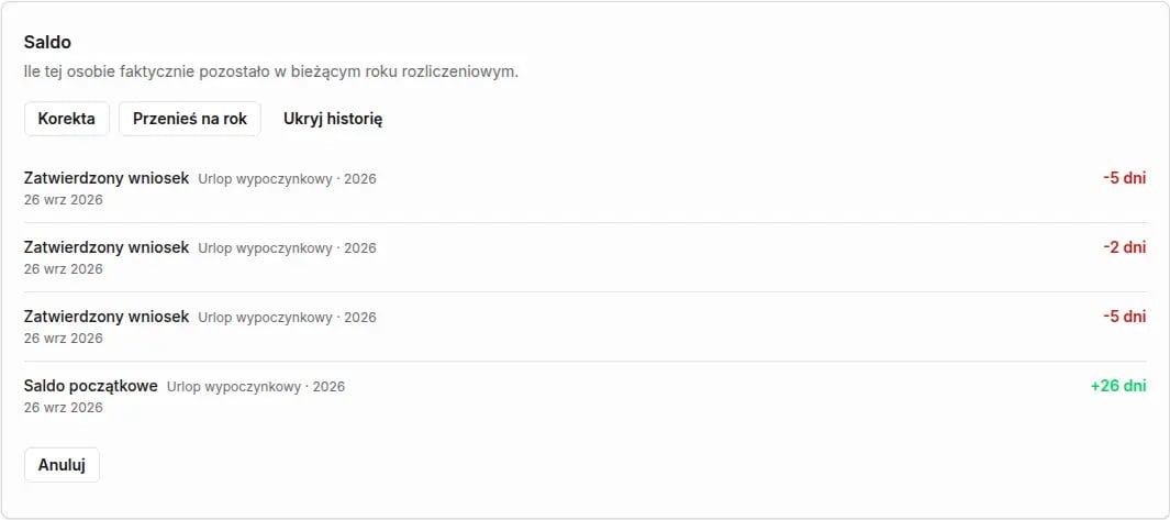 Sekcja Saldo na stronie osoby z przyciskami Korekta i Przenieś na rok oraz historią: saldo początkowe +26 dni i trzy zatwierdzone wnioski