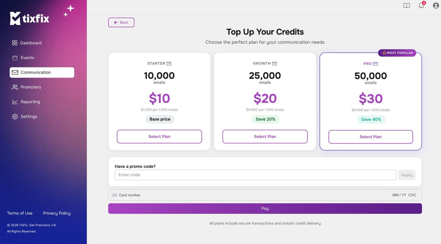 Top Up Your Credits page showing Starter at 10,000 emails for 10, Growth at 25,000 for 20 marked Save 20%, and Pro at 50,000 for $30 marked Save 40% and Most Popular, above a promo code field and card payment