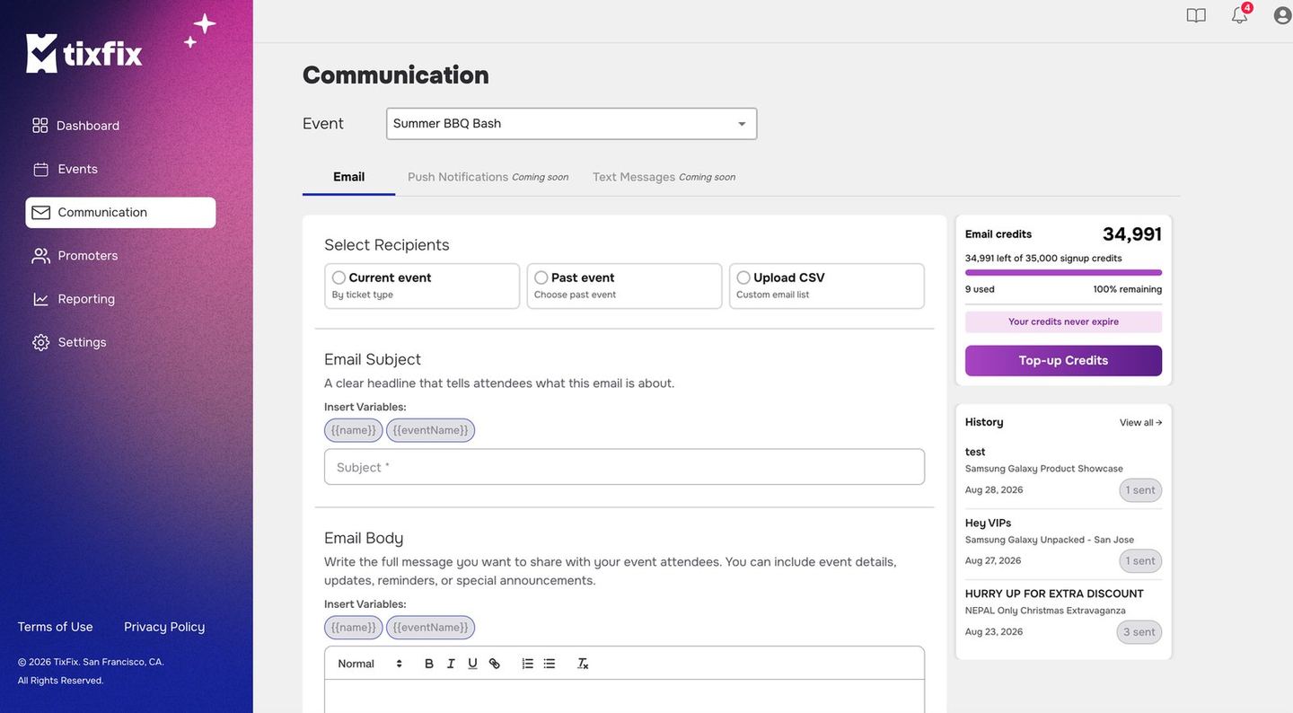 Communication email tab showing recipient options, subject and body fields with merge variable chips, a credits panel and a history list