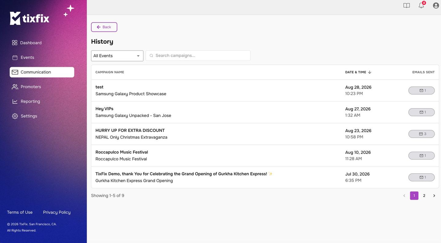 Email history page listing campaigns with their event, date and time, and the number of emails sent, filtered by All Events with a campaign search box and pagination