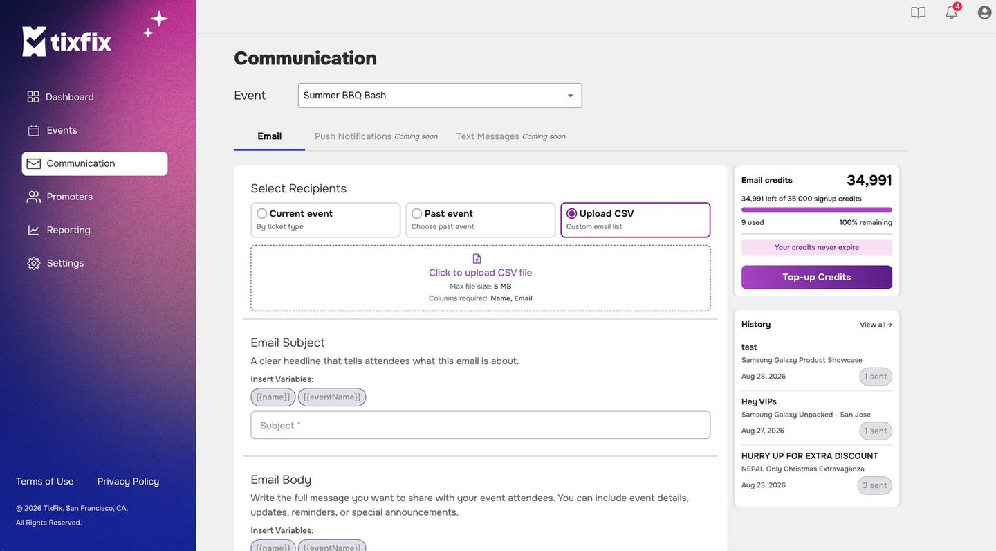 Communication recipients with Upload CSV selected, showing a click-to-upload area with a 5 MB maximum file size and Name and Email listed as the required columns
