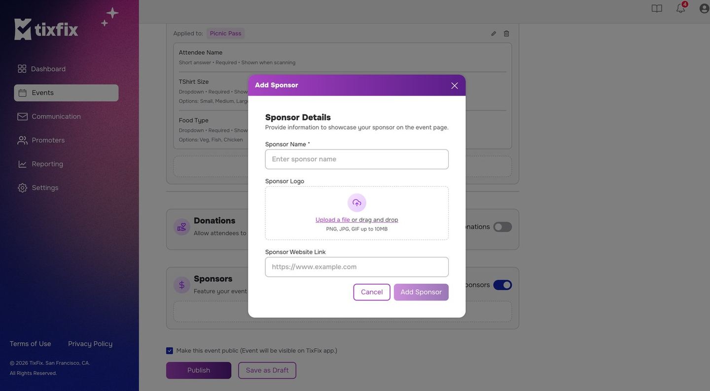 Add Sponsor dialog headed Sponsor Details, with a required sponsor name field, a logo upload area accepting PNG, JPG or GIF up to 10MB, and a sponsor website link field