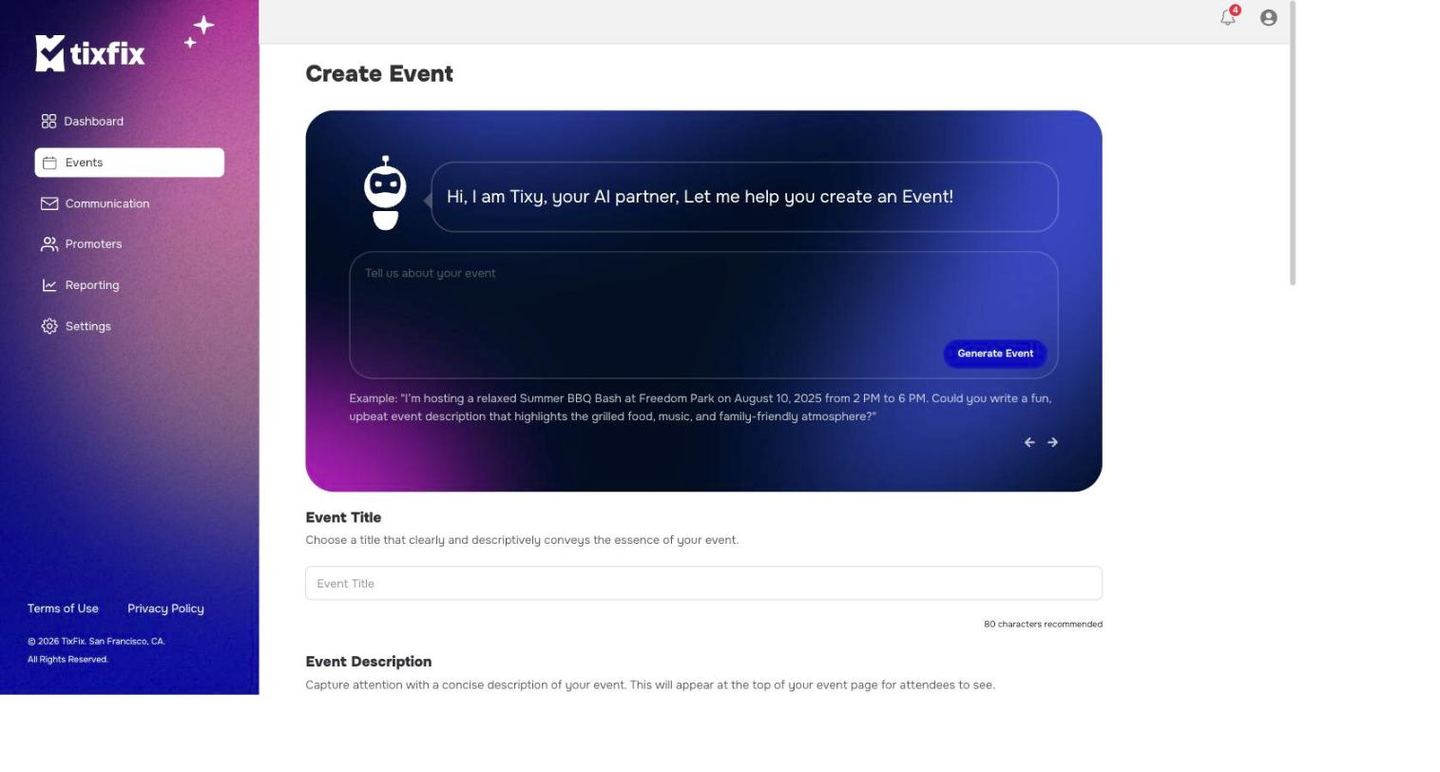 Create Event page with the Tixy AI assistant panel, a describe-your-event box and a Generate Event button
