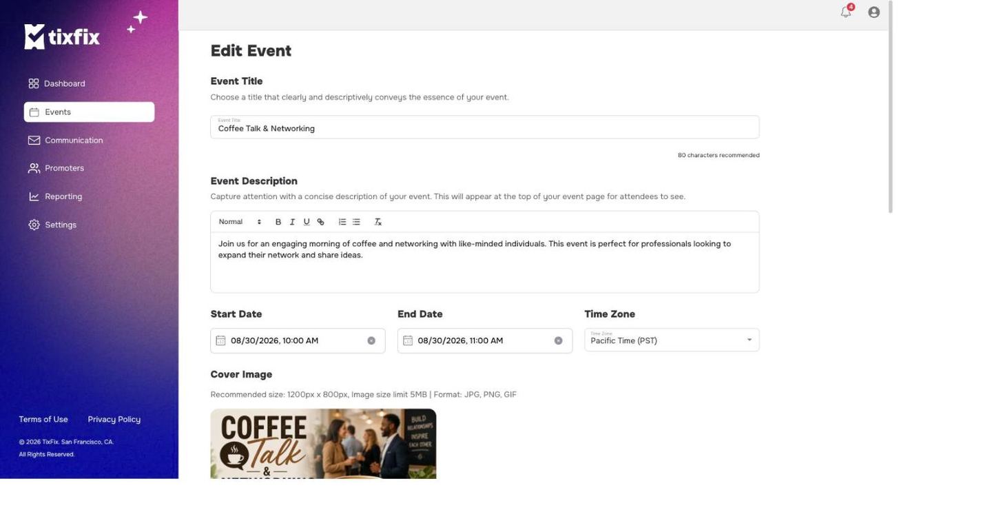 Edit Event form showing the event title field with its character guidance, a rich text description, start and end date with a time zone selector, and the cover image panel