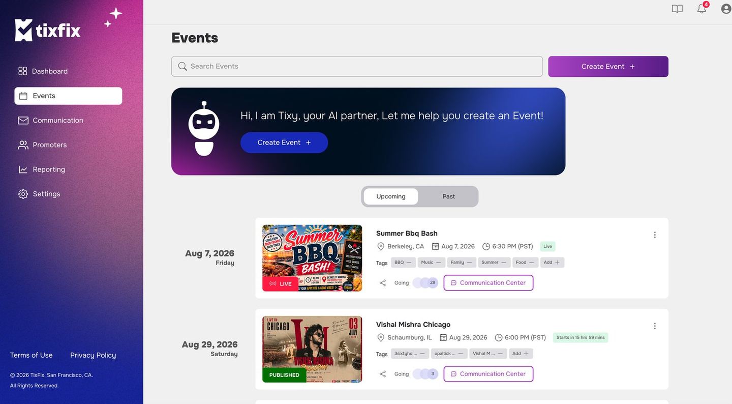Events list showing two upcoming events with cover images, location, date, time, tags, draft badges and Communication Center buttons