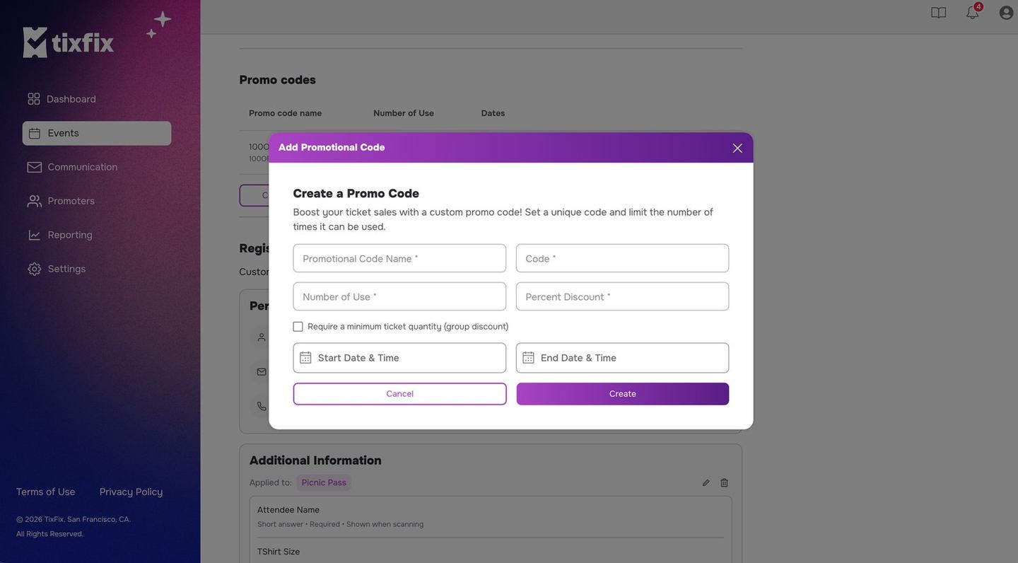 Add Promotional Code dialog with fields for promotional code name, code, number of use, percent discount, a require-minimum-ticket-quantity checkbox for group discounts, and start and end date and time