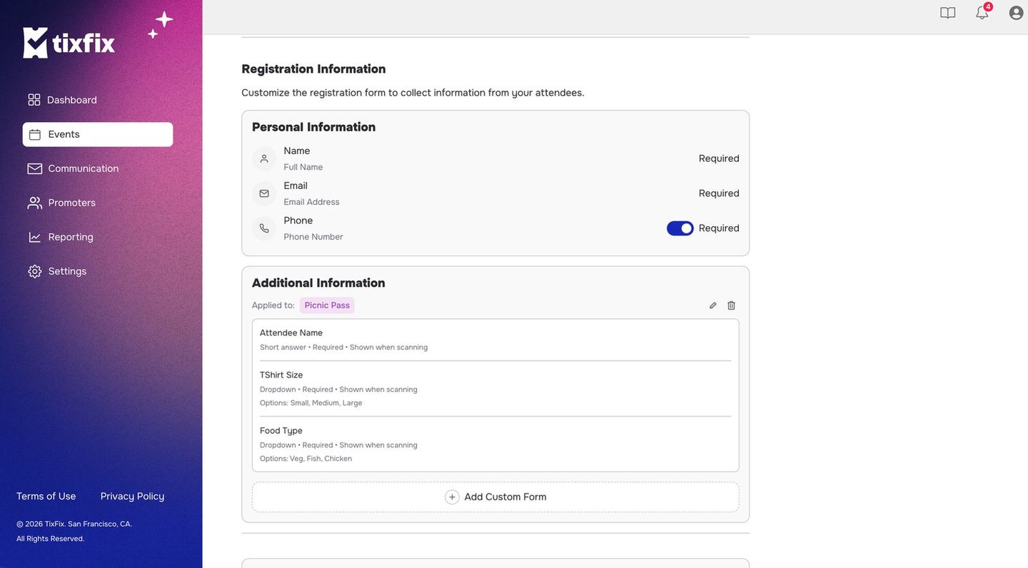Registration Information showing Name and Email as required, Phone with a required toggle, and an Additional Information block applied to Picnic Pass with three custom questions each marked shown when scanning