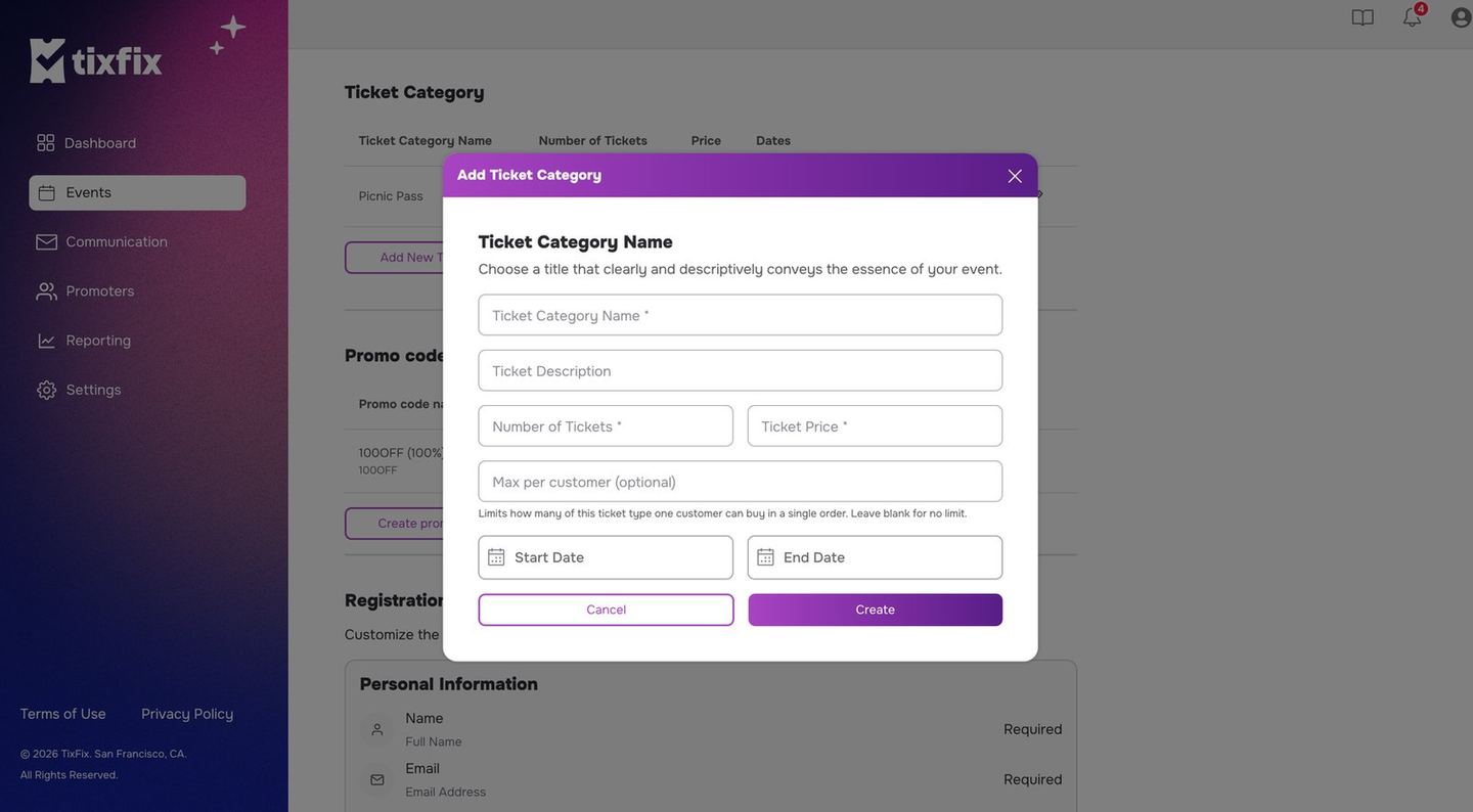 Add Ticket Category dialog with fields for name, description, number of tickets, ticket price, an optional max per customer with the note that it limits how many of this ticket type one customer can buy in a single order, and start and end dates