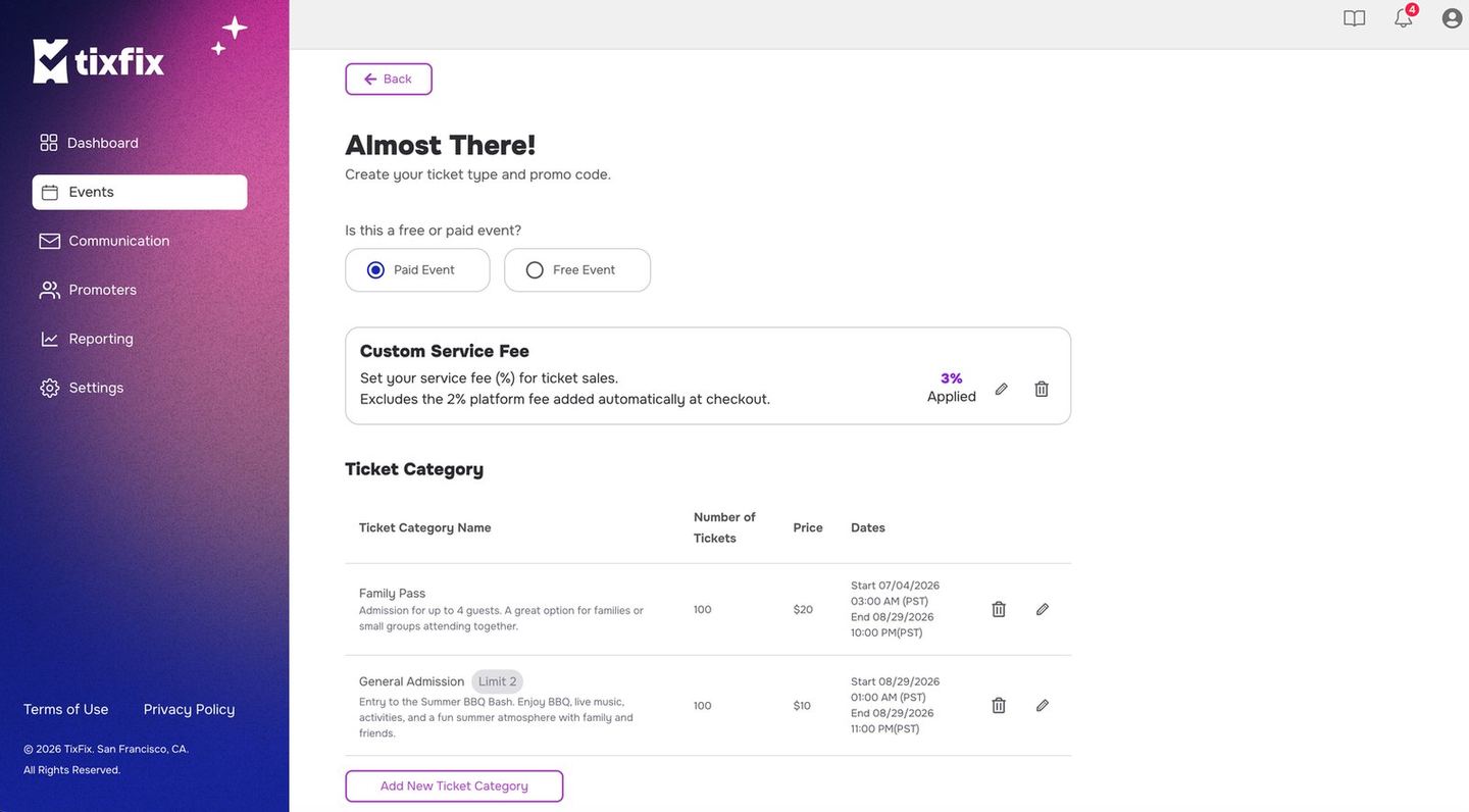 Almost There step showing Paid Event selected, a Custom Service Fee panel, and a ticket category table with name, quantity, price and sales window