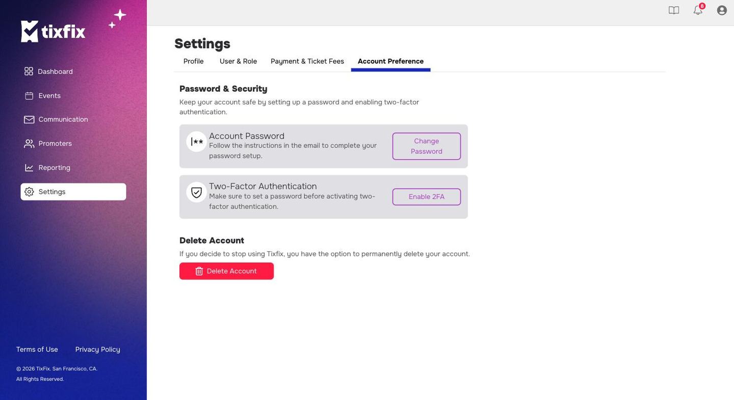 Account Preference tab showing a Password and Security section with Change Password and Enable 2FA, above a Delete Account section