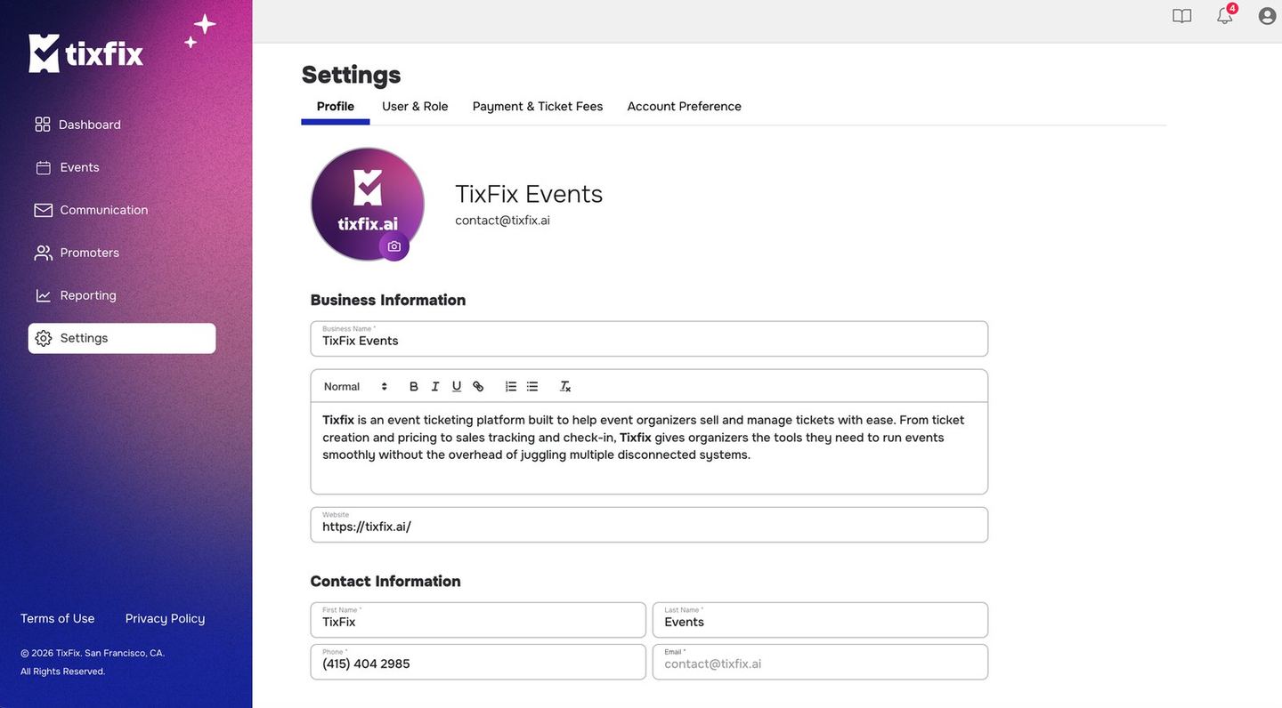 Organizer profile settings showing business name, rich text description, website and contact fields