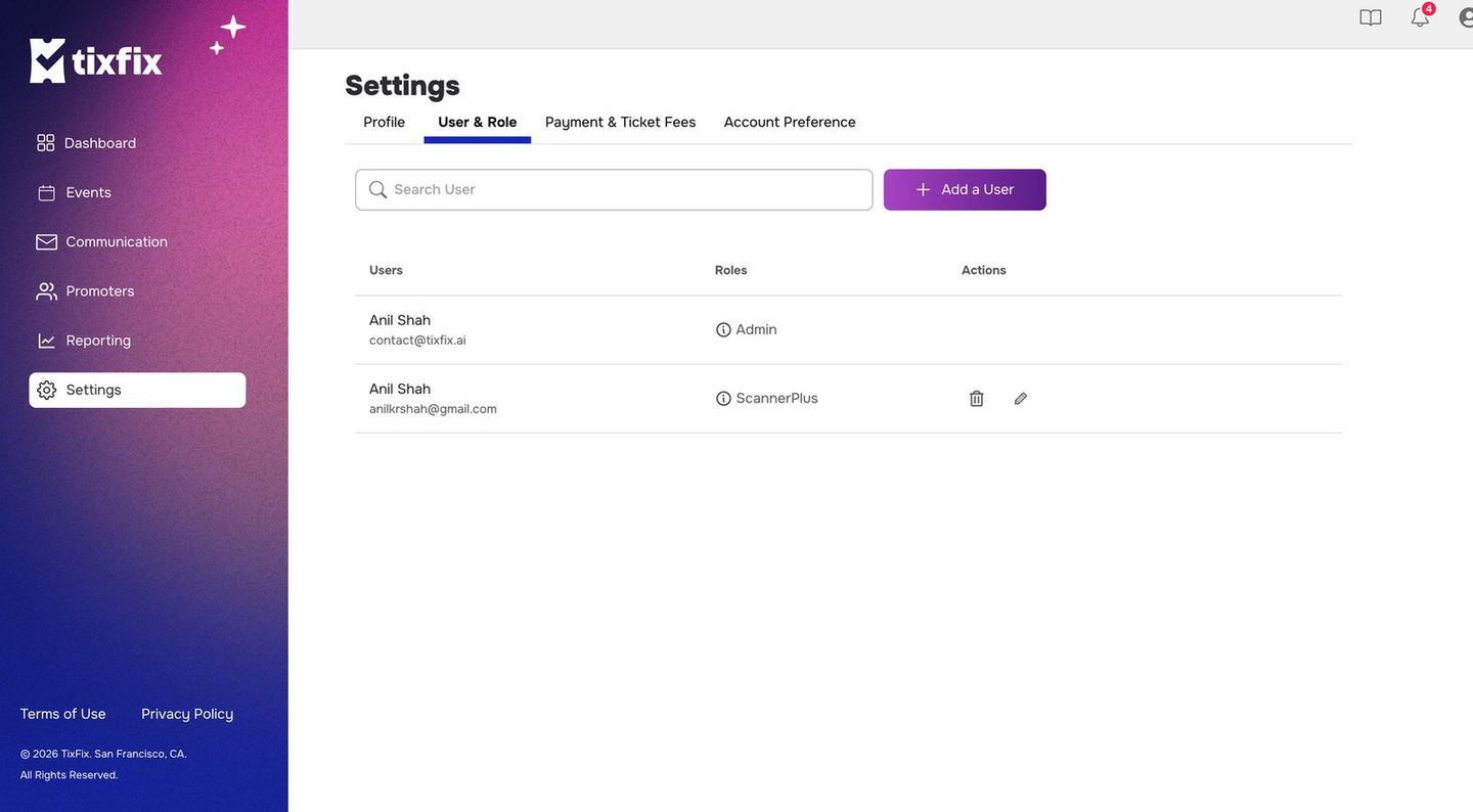 Team list with users and their roles, an Add a User button, and edit and delete controls per row