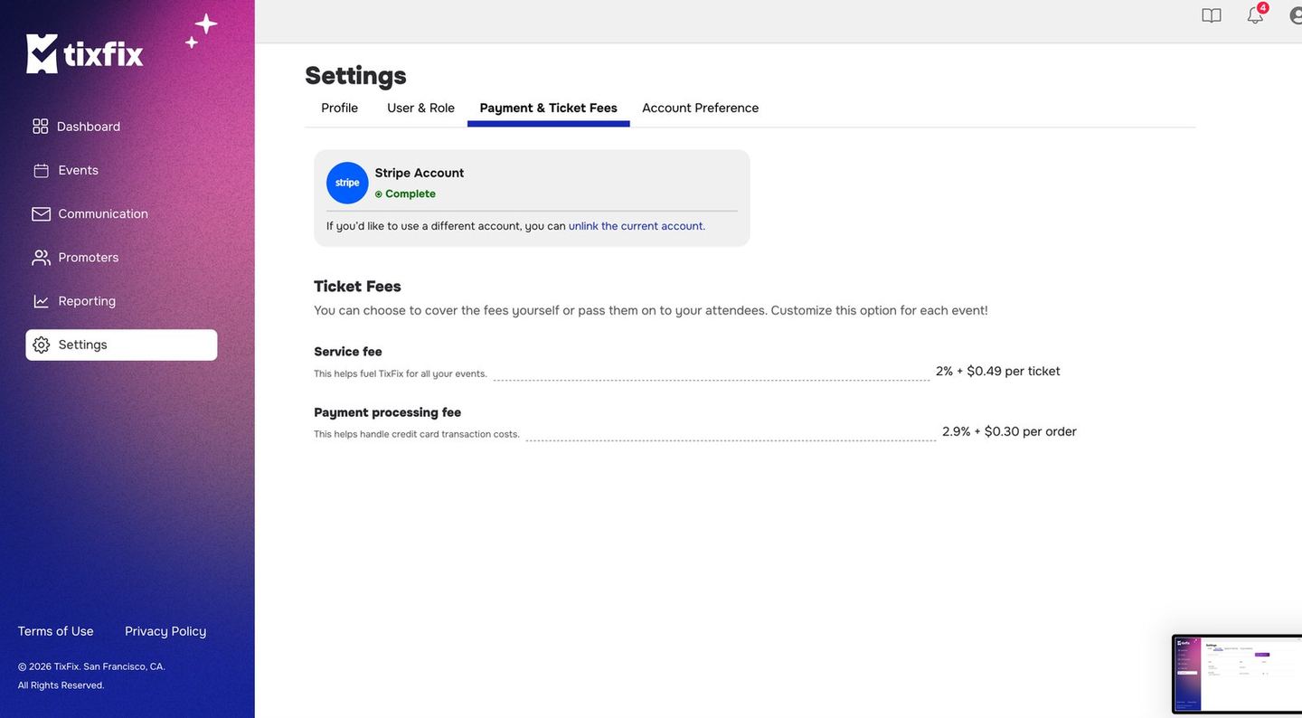 Payment and ticket fees page showing Stripe account marked Complete, a 2% plus 0.49 service fee and a 2.9% plus 0.30 processing fee