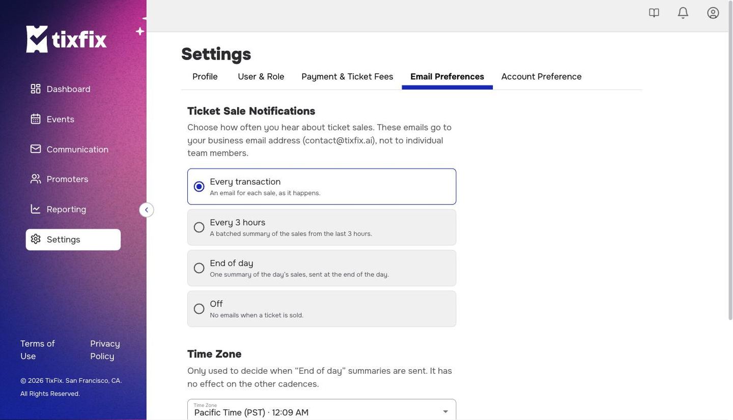 Email Preferences tab with Ticket Sale Notifications set to Every transaction, and a Time Zone section below it