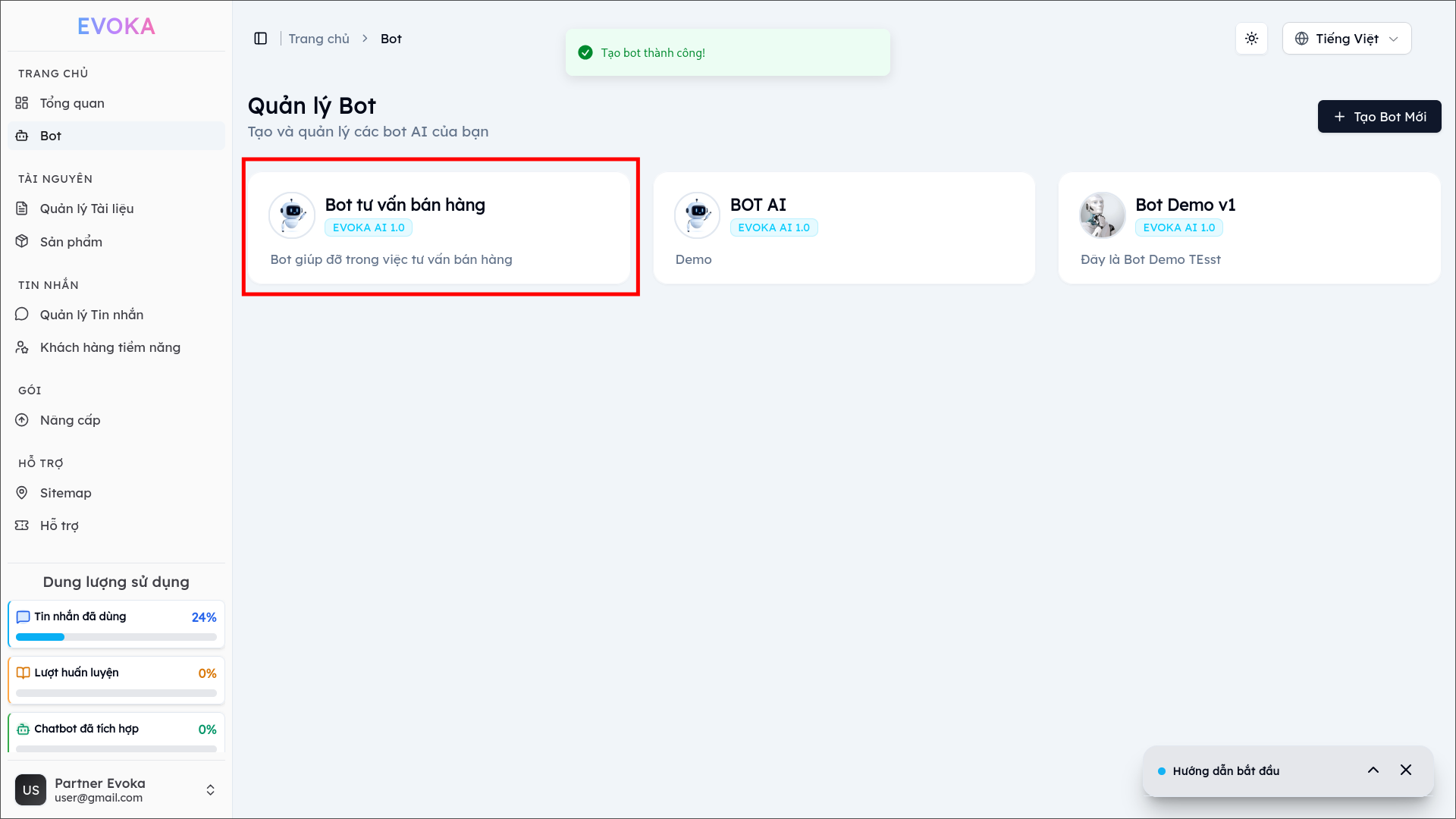Tạo bot thành công