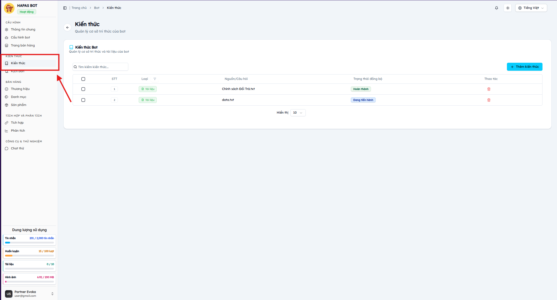 Trang quản lý kiến thức bot