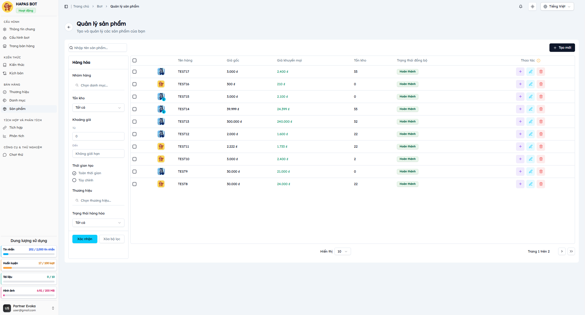 Trang Quản lý sản phẩm