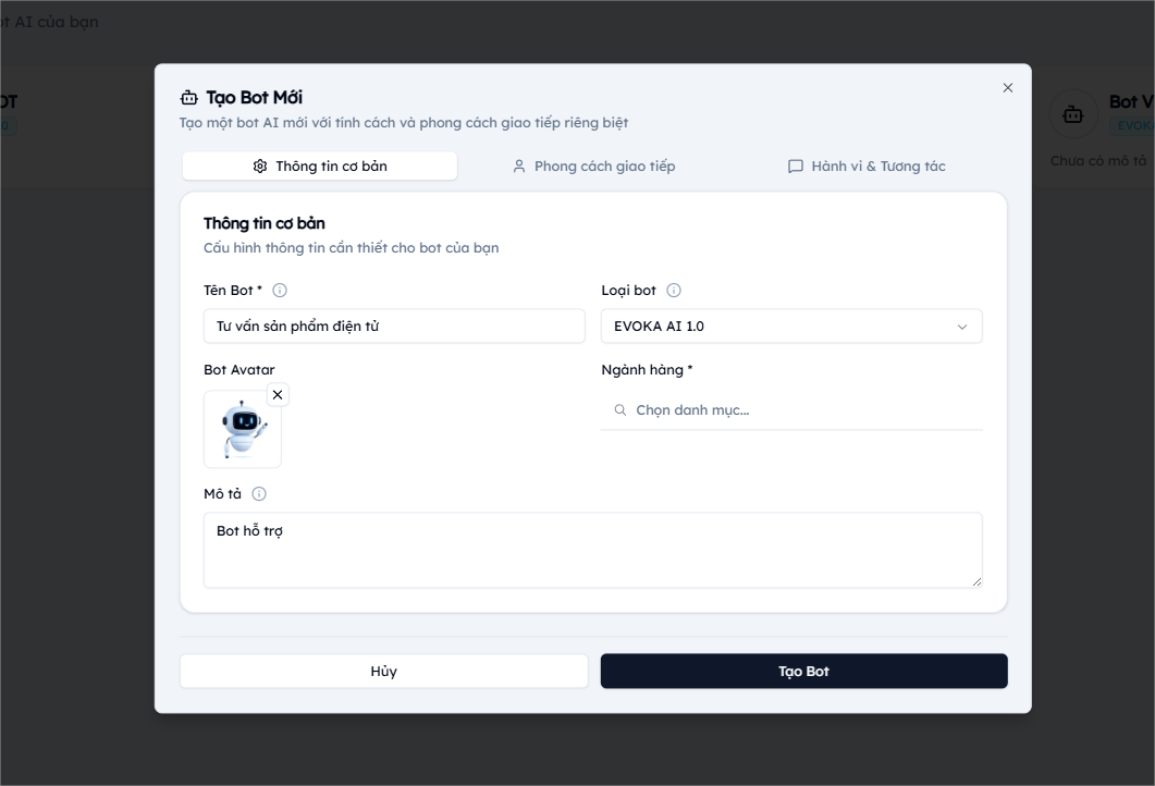 Thông tin bot đã nhập