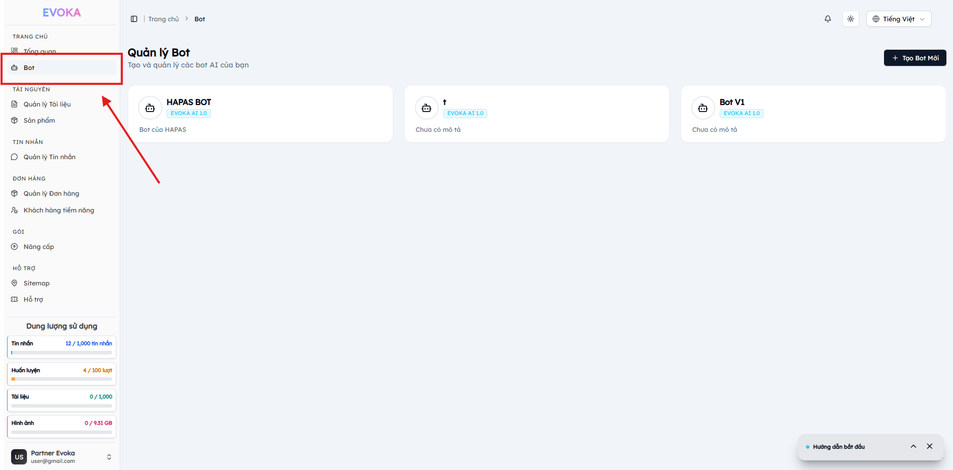 Trang danh sách Bot