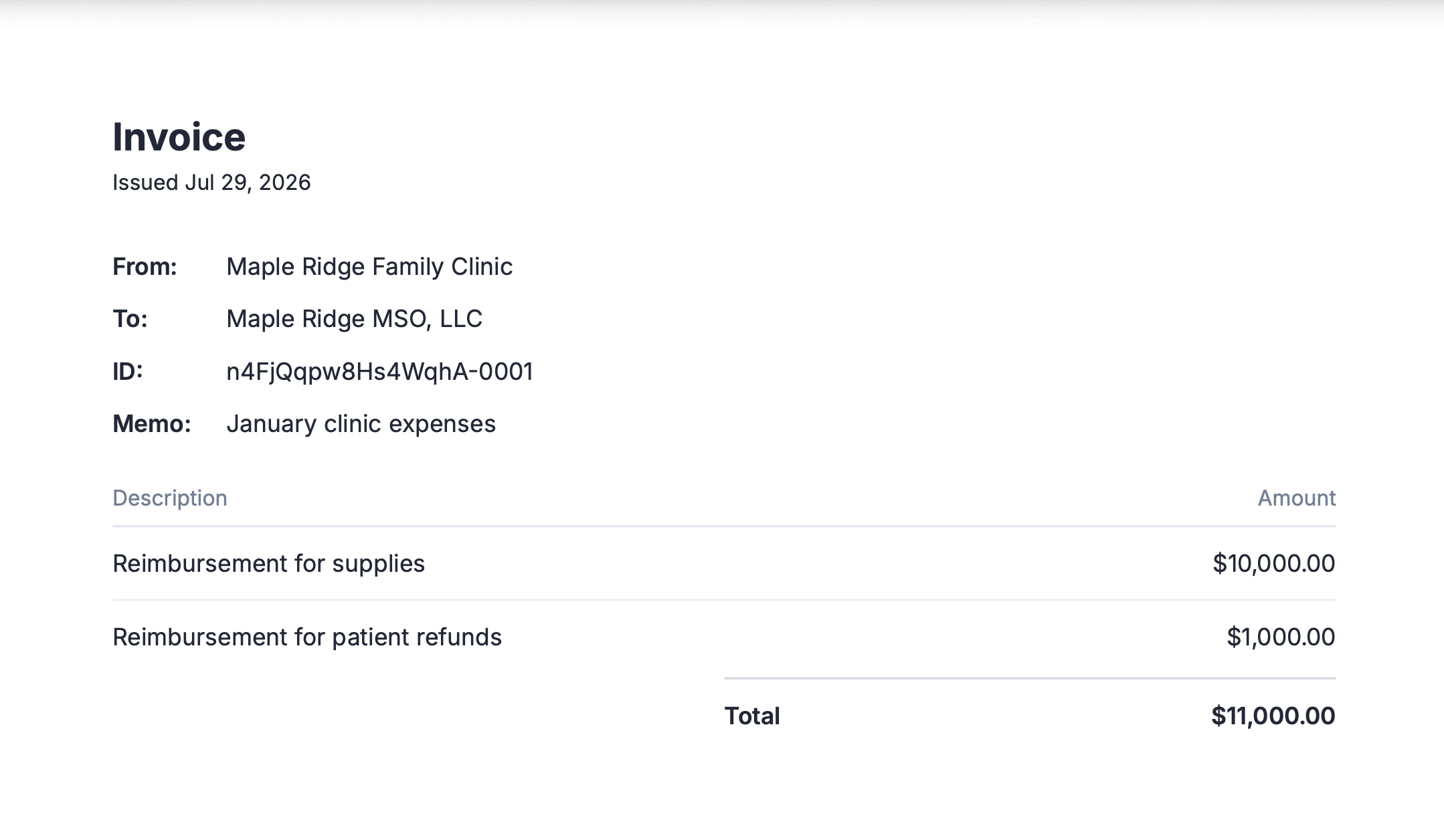 An example invoice generated on Lemma showing the invoice sender, the invoice recipient, the invoice ID, the invoice memo, the invoice line items, and the total due