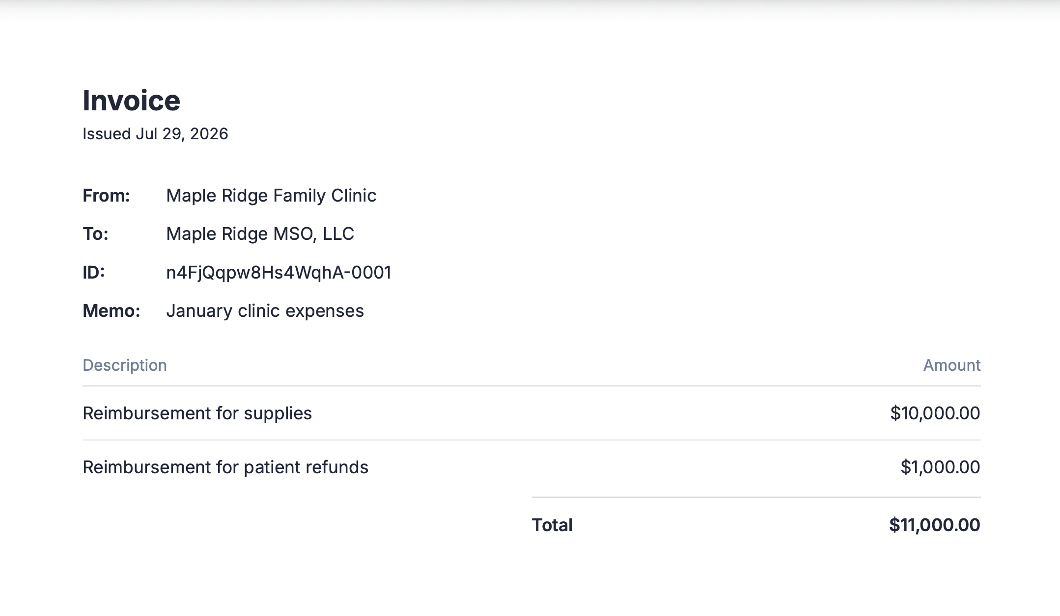 An example invoice generated on Lemma showing the invoice sender, the invoice recipient, the invoice ID, the invoice memo, the invoice line items, and the total due