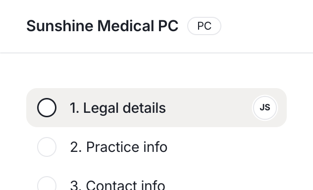 An onboarding application page with a PC structure badge next to the entity name at the top-left