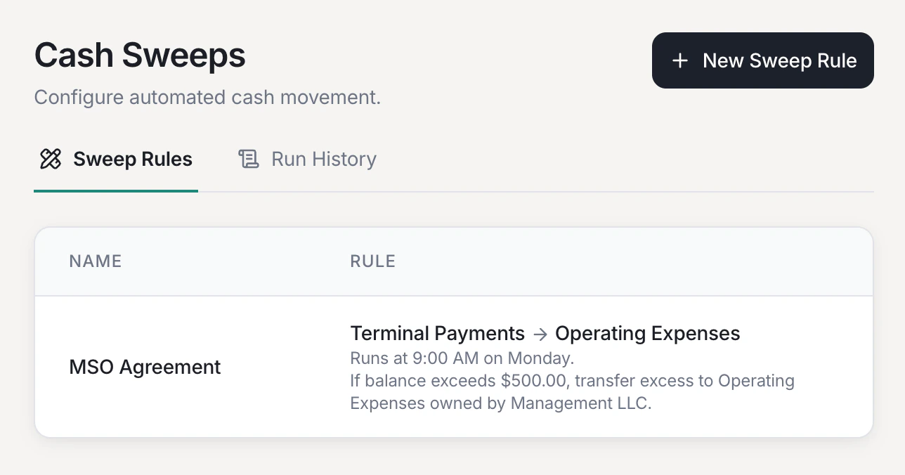 Cash Sweeps page showing a configured sweep rule that moves excess funds from Business Checking to a Cigna account
