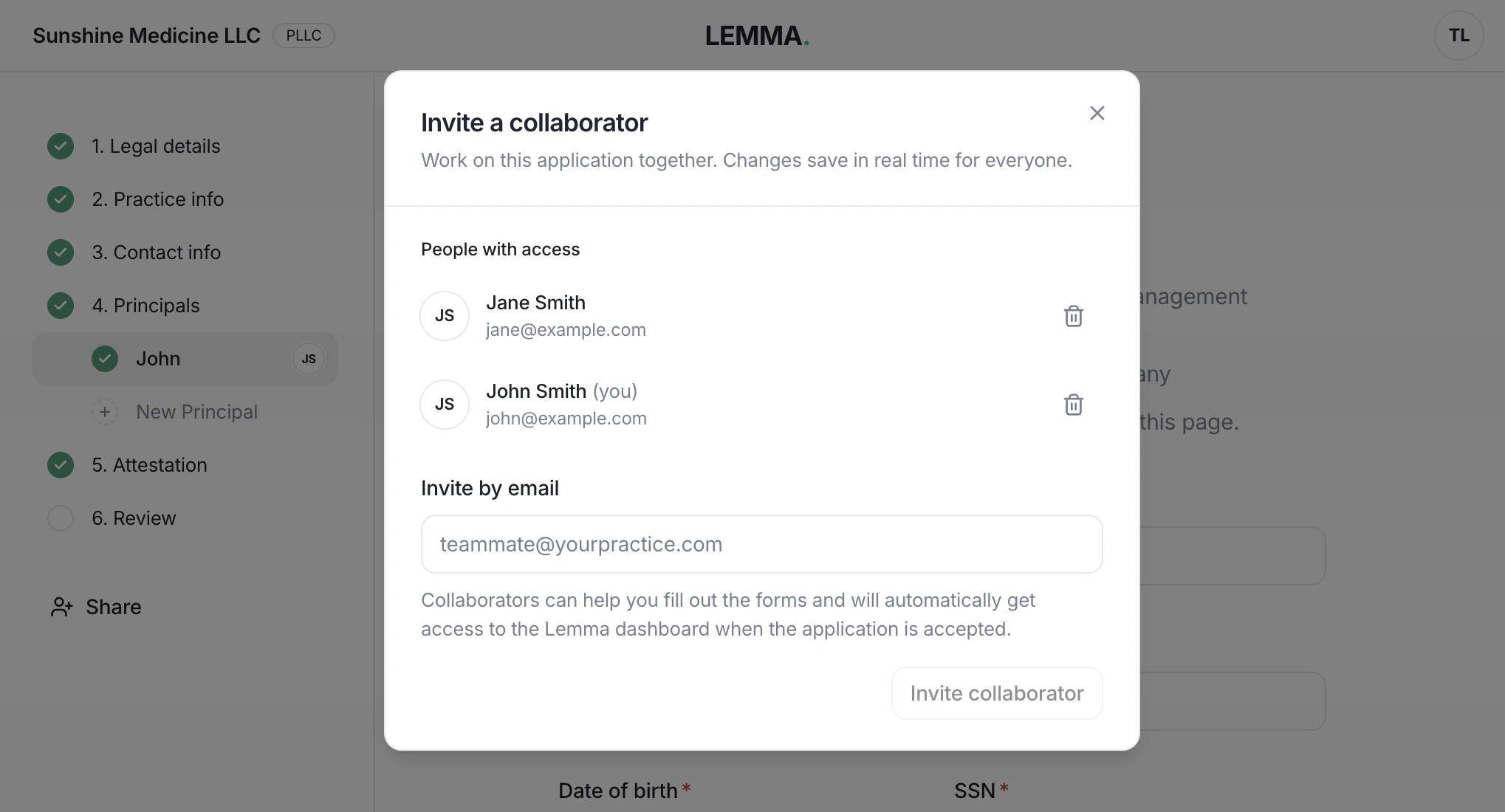 Invitation dialog with an email address field and a Send invite button