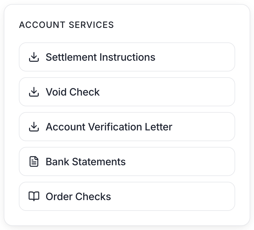 Settlement Instructions, Void Check, and Account Verification Letter download buttons on an account's detail page