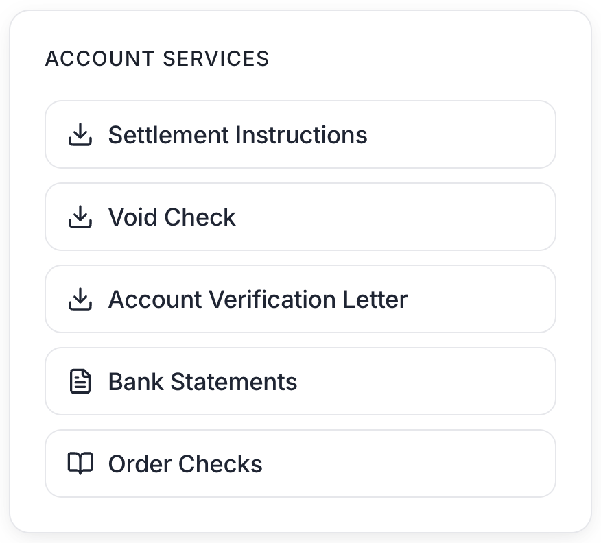 Settlement Instructions, Void Check, and Account Verification Letter download buttons on an account's detail page