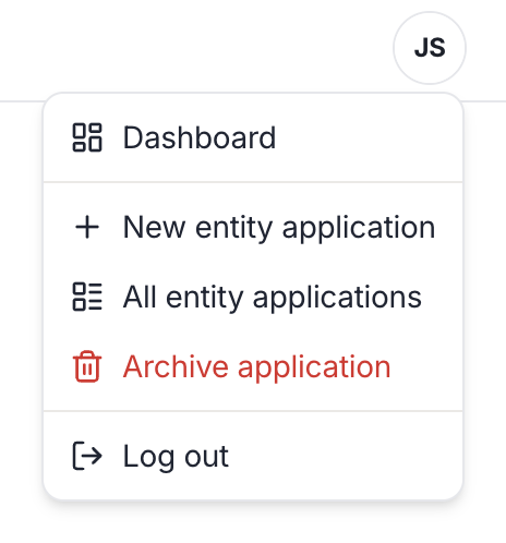 The avatar menu on an application page showing the Archive application option in red