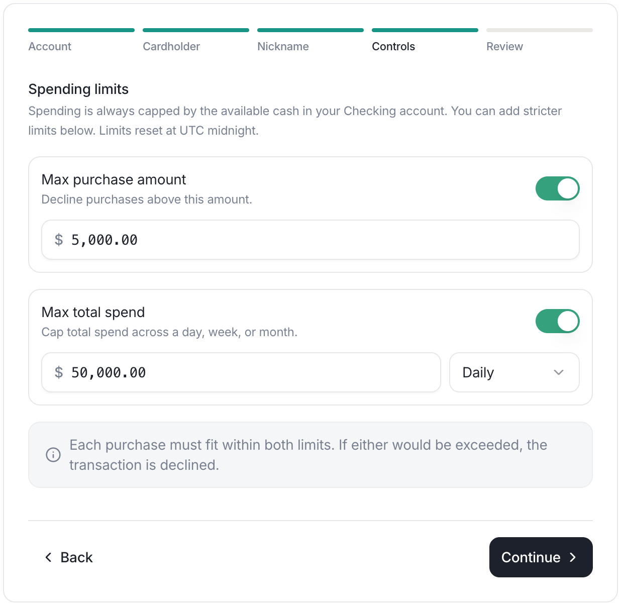 Spending limits controls in the card issuance flow