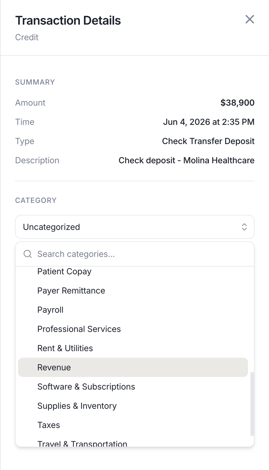 Transaction detail panel showing the Category dropdown