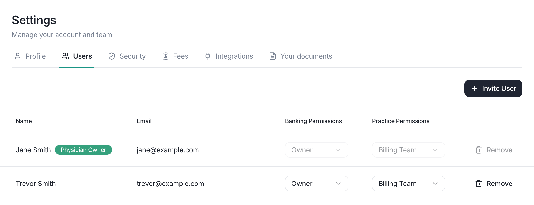 The team management page showing a list of organization members with their roles.