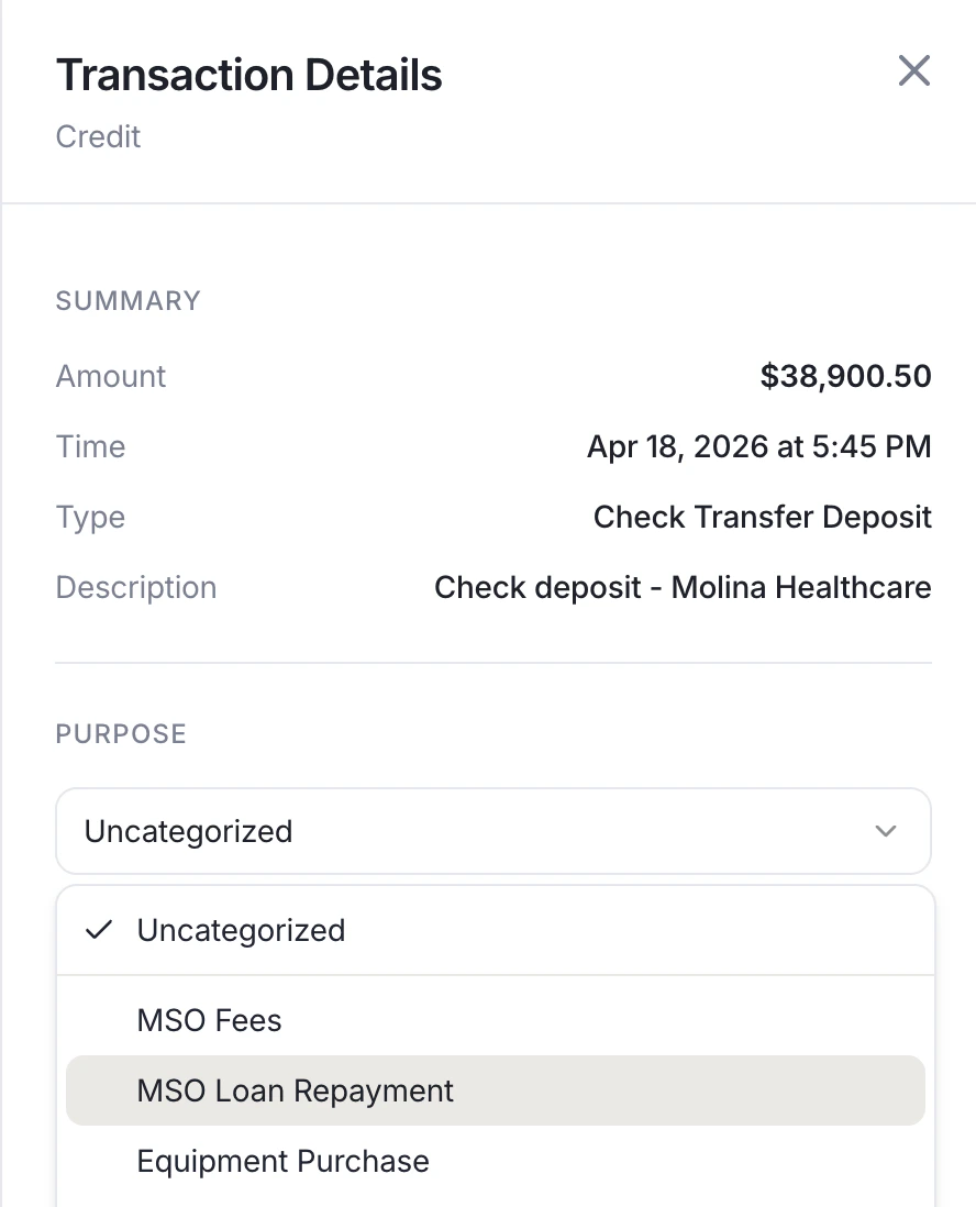 Transaction detail panel showing the Category dropdown