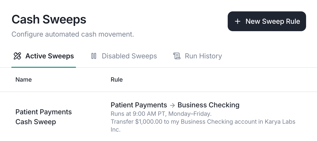 Cash Sweeps page showing a configured sweep rule that moves excess funds from Business Checking to a Cigna account